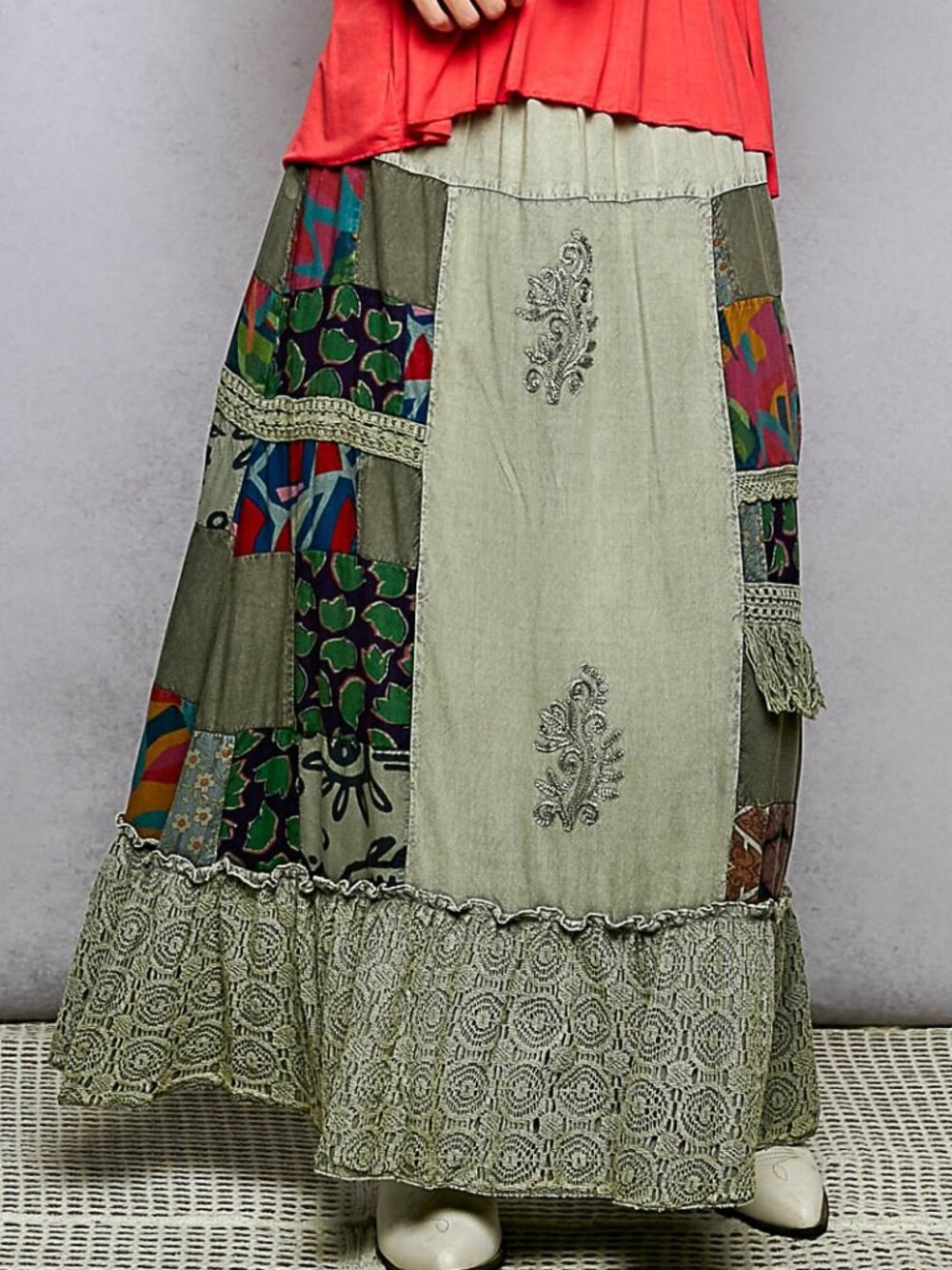 Printed Patchwork Embroidered Ruffled Skirt - Picture 3 of 6